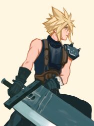 Rule 34 | 1boy, armor, baggy pants, black gloves, blonde hair, blue eyes, buster sword, chocobowings, closed mouth, cloud strife, commentary, cowboy shot, final fantasy, final fantasy vii, final fantasy vii remake, gloves, highres, holding, holding sword, holding weapon, huge weapon, looking to the side, male focus, pants, profile, ribbed sweater, short hair, shoulder armor, simple background, single bare shoulder, sleeveless, sleeveless turtleneck, solo, spiked hair, suspenders, sweater, sword, turtleneck, turtleneck sweater, weapon