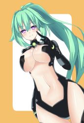 Rule 34 | 1girl, blush, bodysuit, breasts, cleavage, elbow gloves, gloves, green hair, green heart (neptunia), highres, kami jigen game neptune v, large breasts, leotard, long hair, looking at viewer, midriff, moya 44444, navel, neptune (series), ponytail, purple eyes, smile, solo, stomach, symbol-shaped pupils, very long hair, white background