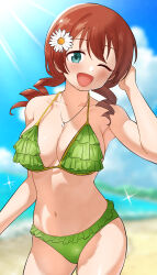 Rule 34 | 1girl, absurdres, armpits, beach, bikini, blue eyes, blue sky, blurry, blurry background, blush, breasts, brown hair, cloud, collarbone, commentary request, day, drill hair, emma verde, flower, freckles, frilled bikini, frills, green bikini, hair between eyes, hair flower, hair ornament, hand up, highres, jewelry, koaraya, large breasts, looking at viewer, love live!, love live! nijigasaki high school idol club, medium hair, navel, necklace, ocean, one eye closed, open mouth, outdoors, sidelocks, sky, smile, solo, sparkle, stomach, sunlight, swimsuit, thighs