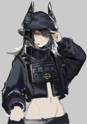 Rule 34 | 1girl, arknights, arm up, black hat, black jacket, cabbie hat, character request, commentary request, cropped jacket, grey background, groin, hand on headwear, hat, headphones, headset, highres, horns, horns through headwear, jacket, long sleeves, lowleg, navel, puffy long sleeves, puffy sleeves, shiraga kemomimi daisuki, simple background, sketch, sleeves past wrists, solo, stomach, upper body