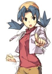 Rule 34 | 1990s (style), 1girl, angry, blue eyes, blue hair, clenched hands, creatures (company), game freak, hat, hip focus, jacket, kris (pokemon), matching hair/eyes, nintendo, pokemon, pokemon gsc, retro artstyle, solo, twintails