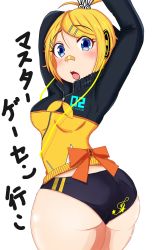 Rule 34 | 1girl, ass, bandages, blonde hair, blue eyes, bow, breasts, buruma, earphones, female focus, from behind, hair ornament, hairclip, highres, huge ass, jacket, kagamine rin, looking at viewer, looking back, open mouth, seki, shiny skin, short hair, simple background, small breasts, solo, thick thighs, thighs, tongue, tongue out, track jacket, vocaloid, white background, wide hips