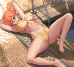Rule 34 | 1girl, arms behind head, arms up, aztodio, barefoot, bikini, breasts, closed mouth, creatures (company), feet, foot out of frame, game freak, green eyes, knee up, large breasts, lying, misty (pokemon), navel, nintendo, on back, orange hair, paid reward available, pokemon, pokemon (anime), pokemon (classic anime), pool, pool ladder, poolside, side ponytail, solo, stomach, swimsuit, thighs, tile wall, tiles