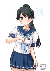 Rule 34 | 1girl, artist name, black hair, blue eyes, blue neckerchief, blue sailor collar, blue skirt, commentary request, cosplay, dated, etorofu (kancolle), etorofu (kancolle) (cosplay), flying sweatdrops, highres, houshou (kancolle), kantai collection, long hair, looking at viewer, neckerchief, one-hour drawing challenge, owa (ishtail), pleated skirt, sailor collar, school uniform, serafuku, short sleeves, simple background, skirt, smile, solo, white background