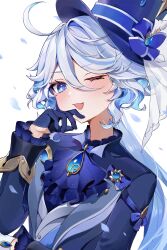 Rule 34 | 1girl, ahoge, ascot, blue ascot, blue brooch, blue coat, blue eyes, blue gloves, blue hair, blue hat, blush, coat, commentary, falling petals, furina (genshin impact), furrowed brow, genshin impact, gloves, hair intakes, hand up, hat, highres, hinagikumonnme, long hair, long sleeves, one eye closed, open mouth, petals, simple background, smile, solo, swept bangs, top hat, upper body, wavy hair, white background