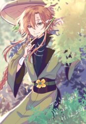 Rule 34 | 1boy, 3di project, amel3di, braid, closed mouth, dated, green eyes, hair between eyes, highres, long hair, long sleeves, male focus, orange hair, pointy ears, solo, thanh loc, traditional clothes, vietnamese text, virtual youtuber, wide sleeves
