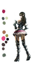Rule 34 | 1girl, absurdres, armor, ass, bad id, bad pixiv id, black hair, boots, breasts, detached sleeves, elf, female focus, full body, garter belt, garter straps, green eyes, highres, klamp, lips, looking back, original, panties, pointy ears, skirt, solo, thigh boots, thighhighs, thong, underwear, white background