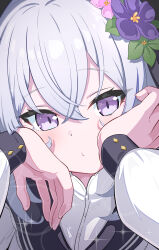 1girl azusa_(blue_archive) black_sailor_collar blue_archive blush closed_mouth crossed_bangs flower grey_hair hair_between_eyes hair_flower hair_ornament highres jacket long_hair long_sleeves looking_at_viewer portrait purple_eyes purple_flower rindou_ringdong sailor_collar solo white_hair white_jacket