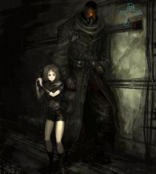 Rule 34 | 1boy, 1girl, bag, belt, blood, boots, brown eyes, brown hair, coat, couple, fallout (series), fallout 3, gauntlets, gloves, gun, handgun, heads-up display, height difference, helmet, injury, midriff, pouch, sage (mami1210), scarf, short hair, shorts, size difference, thighs, trench coat, visor, weapon