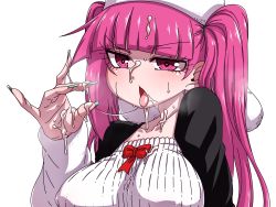 Rule 34 | 1girl, after fellatio, bleach, breasts, cum, cum in mouth, dokugamine riruka, dress, facial, hanya (hanya yashiki), hat, heavy breathing, highres, large breasts, long hair, looking at viewer, looking to the side, nail polish, nipples, pink eyes, pink hair, shiny skin, tongue, tongue out, tsundere, twintails, upper body