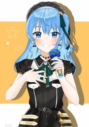 Rule 34 | 1girl, :d, belt, beret, black shirt, black skirt, blue eyes, blue hair, blush, choker, earrings, gold nails, green ribbon, hair ornament, hair ribbon, hands up, hat, highres, holding, holding microphone, hololive, hoshimachi suisei, hoshimachi suisei (streetwear), jewelry, lace, lace choker, lace sleeves, long hair, looking at viewer, microphone, nail polish, neck ribbon, official alternate costume, open mouth, ribbon, shadow, shirt, short sleeves, sidelocks, skirt, smile, solo, star (symbol), star in eye, suika07hosino, symbol in eye, upper body, virtual youtuber