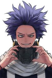 Rule 34 | 10s, 1boy, boku no hero academia, highres, keiid, male focus, mask, purple hair, scarf, shinsou hitoshi, simple background, smirk, solo, spiked hair, upper body, white background, white scarf