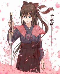 Rule 34 | 1girl, aqua eyes, artist name, artist request, blue eyes, blue kimono, blush, bow, breasts, brown bow, brown hair, brown hakama, capelet, check translation, commentary request, falling petals, female focus, frilled bow, frills, hair between eyes, hair bow, hakama, hakama skirt, half updo, highres, holding, holding sword, holding weapon, japanese clothes, katana, kimono, layered skirt, long hair, long sleeves, looking at viewer, love live!, love live! nijigasaki high school idol club, love live! school idol festival, osaka shizuku, parted lips, petals, pink capelet, pink petals, pink ribbon, ponytail, red bow, red ribbon, ribbon, skirt, small breasts, smile, solo, striped clothes, striped kimono, sword, translated, translation request, vertical-striped clothes, vertical-striped kimono, weapon, white background, wide sleeves