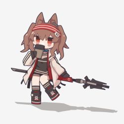 Rule 34 | 1girl, absurdres, angelina (arknights), animal ears, arknights, black footwear, black shirt, black shorts, black socks, brown hair, chibi, coat, cup, def aki, disposable coffee cup, disposable cup, earpiece, fox ears, fox girl, hair ornament, hairband, hairclip, highres, holding, holding cup, holding staff, long hair, looking at viewer, open clothes, open coat, red eyes, red hairband, shadow, shirt, shoes, short shorts, shorts, simple background, socks, solo, staff, striped clothes, striped hairband, twintails, white background, white coat