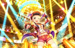 1girl ;d artist_request banner blonde_hair chain character_name clenched_hand concert earrings elbow_gloves fingerless_gloves glint gloves glowstick gold_chain hand_up hat holding holding_microphone idolmaster idolmaster_cinderella_girls indoors jacket jewelry microphone midriff official_art one_eye_closed open_clothes open_jacket open_mouth outstretched_arm peaked_cap pixie_cut red_eyes red_gloves red_jacket red_shorts senzaki_ema shiny_clothes shirt short_hair shorts sleeveless sleeveless_jacket sleeveless_shirt smile solo sparkle stage_lights standing sweat thighhighs third-party_source v very_short_hair white_shirt