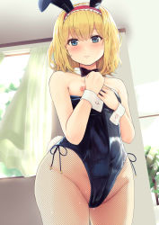Rule 34 | 1girl, alice margatroid, alternate costume, animal ears, bare arms, bare shoulders, black bow, black bowtie, blonde hair, blue eyes, blue leotard, blush, bow, bowtie, breasts, closed mouth, cowboy shot, culter, curtains, day, detached collar, fake animal ears, fake tail, fishnet pantyhose, fishnets, hairband, highres, leotard, looking at viewer, medium hair, nipples, pantyhose, playboy bunny, rabbit ears, rabbit tail, red hairband, small breasts, solo, standing, tail, touhou, window, wrist cuffs