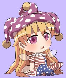 1girl :o american_flag_dress american_flag_legwear blonde_hair blush chibi chibi_only clownpiece commentary_request fairy_wings full_body hat jester_cap long_hair neck_ruff no_shoes open_mouth pantyhose pink_eyes polka_dot_headwear purple_background purple_hat rokugou_daisuke short_sleeves signature simple_background sitting solo touhou wings