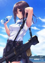 Rule 34 | 1girl, arm up, arms note, assault rifle, bionic joshikousei (fukai ryousuke), blush, bottle, breasts, brown eyes, brown hair, bullpup, cloud, commentary request, copyright name, day, dress shirt, fukai ryosuke, grin, gun, hair between eyes, hand on own head, holding, holding bottle, looking at viewer, magnetic weapon, medium breasts, ocean, original, outdoors, rifle, shirt, short sleeves, sidelocks, signature, skirt, sky, smile, solo, standing, suppressor, water bottle, weapon, white shirt