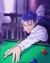 Rule 34 | 1boy, ball, billiard ball, billiards, blue hair, cu chulainn (fate), cu chulainn (fate/stay night), cue stick, earrings, fate/stay night, fate (series), indoors, iz izhara, jewelry, male focus, official alternate costume, ponytail, pool, pool table, red eyes, solo, table, waiter