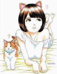 Rule 34 | 1girl, ?, animal ears, artist name, barefoot, blunt bangs, breasts, brown eyes, brown hair, cat, cat ears, cat girl, collar, commentary request, crossed legs, looking to the side, lying, on stomach, open mouth, original, pointy chin, shirt, short hair, side part, simple background, single bare shoulder, teeth, tekutekuman, whiskers, white background, white shirt