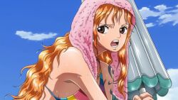 10s 1girl 2012 animated arm_tattoo breasts brown_eyes female_focus large_breasts long_hair nami_(one_piece) one_piece one_piece_special:_glorious_island open_mouth orange_hair solo sound tagme tattoo towel towel_on_head video wet wet_hair