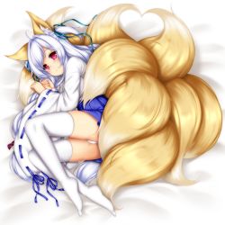 Rule 34 | 1girl, animal ears, aqua ribbon, bed sheet, blue hakama, blush, character request, closed mouth, commentary request, fluffy, fox ears, fox girl, fox tail, hair ribbon, hakama, hakama skirt, hands up, highres, japanese clothes, kimono, kitsune, kyuubi, long hair, long sleeves, lying, minaha (playjoe2005), multiple tails, no shoes, on side, one side up, red eyes, ribbon, ribbon-trimmed sleeves, ribbon trim, sennen sensou aigis, short kimono, skirt, smile, solo, tail, thighhighs, white hair, white kimono, white thighhighs, wide sleeves