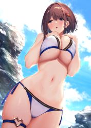 Rule 34 | 1girl, baffu, bare arms, bare shoulders, bikini, blue eyes, blue sky, breasts squeezed together, breasts, brown hair, cleavage, cloud, covered erect nipples, cowboy shot, day, frown, hair ornament, hairclip, hands up, highres, hitoyo (baffu), large breasts, looking to the side, navel, open mouth, original, outdoors, short hair, side-tie bikini bottom, sidelocks, skindentation, sky, solo, standing, stomach, string bikini, swimsuit, thigh strap, thighs, wet, white bikini