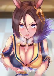 Rule 34 | 1girl, absurdres, air groove (umamusume), animal ears, bad id, bad pixiv id, blue eyes, blush, bow, breasts, brown hair, cleavage, collarbone, highres, horse ears, horse girl, large breasts, looking at viewer, o-ring, open mouth, shirt, short hair, sleeveless, sleeveless shirt, solo, sweat, uchida shou, umamusume, yellow bow