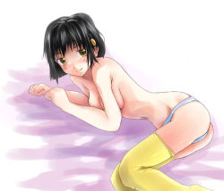 Rule 34 | 00s, 1girl, black hair, blue panties, blush, breasts, convenient arm, convenient censoring, dozepara, female focus, hair ornament, ichigo 100 percent, lying, minamito yui, on side, panties, short hair, small breasts, smile, solo, thighhighs, topless, underwear, yellow eyes, yellow thighhighs