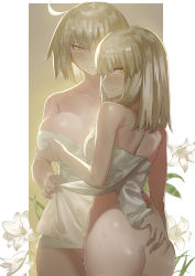 Rule 34 | 2girls, artoria pendragon (all), artoria pendragon (fate), ass, ass grab, bad id, bad pixiv id, blonde hair, grabbing another&#039;s breast, breasts, club3, collarbone, deep skin, fate/grand order, fate (series), flower, gluteal fold, grabbing, groin, hand on another&#039;s hip, highres, jeanne d&#039;arc (fate), jeanne d&#039;arc (ruler) (fate), jeanne d&#039;arc alter (avenger) (fate), jeanne d&#039;arc alter (fate), large breasts, lily (flower), looking at viewer, looking back, multiple girls, naked towel, saber (fate), saber alter, short hair, sidelocks, smile, thigh gap, towel, wet, yellow eyes, yuri