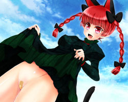Rule 34 | 1girl, animal ears, bandaid, bandaid on pussy, cat ears, cat girl, clothes lift, cloud, dress, dress lift, fang, female focus, flashing, hair ribbon, outdoors, red eyes, red hair, ribbon, sky, solo, standing, touhou