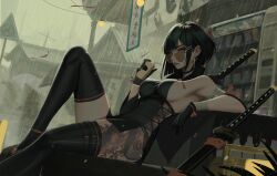 Rule 34 | 1girl, bandaged arm, bandages, black dress, black hair, breasts, criss-cross straps, cup, dress, ear piercing, earrings, green eyes, hair behind ear, highres, hip tattoo, holding, holding cup, jewelry, large breasts, looking at viewer, lying, mole, mole under mouth, neo (neorarty3), original, piercing, rain, road sign, sheath, short hair, sideboob, sign, solo, sword, tattoo, thighhighs, translation request, vending machine, weapon