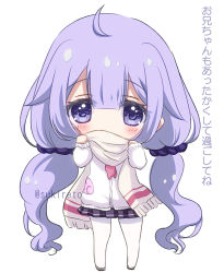 Rule 34 | 1girl, ahoge, azur lane, black skirt, blush, cardigan, chibi, commentary request, covered mouth, fringe trim, full body, hair ornament, hair scrunchie, hands up, long hair, long sleeves, low twintails, neckerchief, pantyhose, pink neckerchief, pleated skirt, purple eyes, purple hair, purple scrunchie, scarf, scrunchie, simple background, skirt, sleeves past wrists, solo, standing, sukireto, translation request, twintails, twitter username, unicorn (long-awaited date) (azur lane), unicorn (azur lane), very long hair, white background, white cardigan, white pantyhose, white scarf