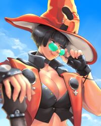 Rule 34 | :p, a.b.singh, black hair, blue eyes, blue sky, blurry, breasts, cloud, cloudy sky, fingerless gloves, fingernails, glasses, gloves, guilty gear, guitar, hat, highres, i-no, instrument, large breasts, lips, mole, mole under mouth, nails, sharp fingernails, short hair, sky, smile, tongue, tongue out, witch hat