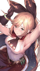 Rule 34 | 1girl, armpits, arms up, belt, black gloves, black ribbon, blonde hair, blush, bracelet, breasts, cape, clarisse (granblue fantasy), gloves, granblue fantasy, green eyes, highres, ikusaneko, jewelry, lips, long hair, looking at viewer, medium breasts, open mouth, parted lips, ponytail, red skirt, ribbon, sideboob, simple background, skirt, solo, swept bangs, test tube, white background
