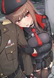 Rule 34 | 1boy, 1girl, arm pouch, belt pouch, beret, black gloves, black jacket, black thighhighs, blush, breasts, brown hair, collared leotard, commander (nikke), gloves, goddess of victory: nikke, hand on another&#039;s arm, hat, head on another&#039;s shoulder, highres, holding hands, interlocked fingers, jacket, large breasts, leaning to the side, long hair, long sleeves, military uniform, necktie, open mouth, pinta (ayashii bochi), pouch, rapi (nikke), red eyes, shirt, side-by-side, solo, thighhighs, thighs, two-tone gloves, uniform