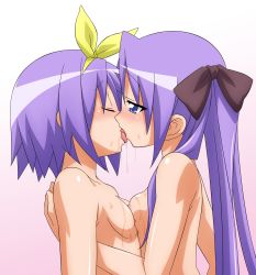 Rule 34 | 00s, 2girls, absurdres, blush, breast press, breasts, closed eyes, drooling, eyebrows, female focus, french kiss, gradient background, half-closed eyes, highres, hiiragi kagami, hiiragi tsukasa, incest, jitome, kiss, long hair, lucky star, matching hair/eyes, multiple girls, nipples, nude, pink background, purple eyes, purple hair, saliva, siblings, sisters, small breasts, sugimura tomokazu, symmetrical docking, tongue, tongue out, twincest, twins, twintails, upper body, yuri