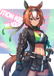 Rule 34 | 1girl, abs, animal ears, black gloves, black hairband, black jacket, blurry, blurry background, breasts, brown eyes, brown hair, cleavage, commentary request, ear covers, gauntlets, gloves, hair between eyes, hairband, highres, horse ears, horse girl, horse tail, jacket, medium breasts, multicolored hair, navel, open clothes, open jacket, single ear cover, solo, streaked hair, tail, thighs, toned, toned female, two-tone background, umamusume, white background, white hair, yaeno muteki (umamusume), yuutopia