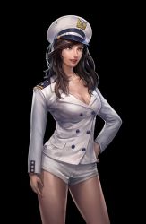 Rule 34 | 1girl, bare legs, black background, breasts, brown eyes, brown hair, buttons, cleavage, collarbone, contrapposto, double-breasted, epaulettes, hand on own hip, hat, insignia, jacket, large breasts, lipstick, long sleeves, looking away, makeup, military hat, military jacket, original, parted lips, peaked cap, realistic, red lips, short shorts, shorts, simple background, smile, solo, standing, thighs, tight clothes, wavy hair, white jacket, woo chul lee