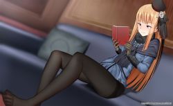 Rule 34 | 1girl, blonde hair, blue eyes, blush, couch, fate/grand order, fate (series), feet, hat, long hair, lord el-melloi ii case files, pantyhose, reading, reines el-melloi archisorte, sitting, smile, toes