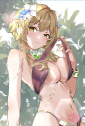 Rule 34 | 1girl, alternate costume, bare arms, blonde hair, bracelet, breasts, brooch, cleavage, closed mouth, clothes pull, commentary request, flower, gem, genshin impact, glint, green gemstone, hair flower, hair ornament, harem outfit, heart, heart tattoo, highres, jewelry, looking at viewer, lumine (genshin impact), medium breasts, nail polish, navel, neck ring, pubic tattoo, shirt pull, short hair with long locks, sidelocks, smile, solo, stomach, tattoo, white flower, yellow eyes, yoshitoki (kisshin)