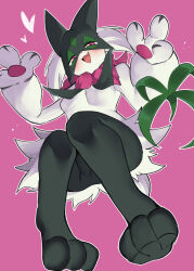 Rule 34 | 1girl, absurdres, animal feet, animal hands, animal nose, black fur, blush, body fur, breasts, cat girl, cat tail, creatures (company), fang, feet, female focus, from below, furry, furry female, game freak, green fur, green hair, half-closed eyes, hands up, happy, heart, highres, invisible chair, knees together feet apart, legs, looking at viewer, looking down, meowscarada, nintendo, open mouth, outline, pawpads, pink background, pink eyes, pokemon, pokemon (creature), short hair, shun soku, simple background, sitting, small breasts, smile, solo, tail, two-tone fur, white outline
