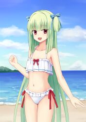 Rule 34 | 1girl, :d, absurdres, arm at side, armpit crease, bare arms, beach, bikini, blue ribbon, blue sky, blunt bangs, blunt ends, blush, breasts, chinese commentary, collarbone, commentary request, cowboy shot, day, eyes visible through hair, green hair, hair ribbon, hand up, happy, highres, hime cut, long hair, looking at viewer, murasame (senren), navel, ocean, open mouth, outdoors, red eyes, red ribbon, ribbon, senren banka, shu pian, sidelocks, sky, small breasts, smile, solo, stomach, straight hair, swimsuit, tsurime, two side up, very long hair, white bikini