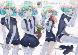 Rule 34 | 1other, :o, androgynous, black footwear, black neckwear, black shirt, black shorts, blue hair, character name, closed mouth, collared shirt, cowboy shot, dan evan, diamond (houseki no kuni), dressing, elbow gloves, flower, glint, gloves, grey background, half-closed eyes, has bad revision, has downscaled revision, houseki no kuni, interlocked fingers, invisible chair, leaning forward, matching hair/eyes, md5 mismatch, multicolored eyes, multicolored hair, multiple views, necktie, open mouth, own hands clasped, own hands together, parted lips, plant, potted plant, puffy short sleeves, puffy sleeves, resolution mismatch, shirt, shoes, unworn shoes, short hair, short sleeves, shorts, simple background, single thighhigh, sitting, source smaller, standing, suspender shorts, suspenders, thighhighs, ventricosus, white gloves, white legwear, white shirt, wing collar