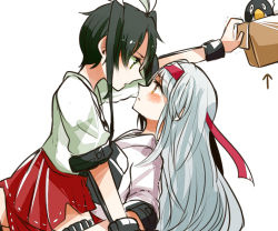 Rule 34 | 10s, 2girls, :d, green eyes, green hair, itomugi-kun, japanese clothes, kantai collection, long hair, looking at another, multiple girls, muneate, open mouth, personification, pleated skirt, ribbon, shoukaku (kancolle), silver hair, skirt, smile, translated, twintails, very long hair, white background, zuikaku (kancolle)