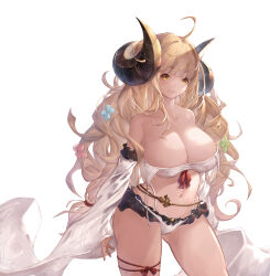 Rule 34 | 1girl, absurdres, ahoge, anila (granblue fantasy), anila (summer) (granblue fantasy), bare shoulders, bikini, blonde hair, bow, bowtie, breasts, brown eyes, cleavage, closed mouth, collarbone, commentary request, curled horns, dark-skinned female, dark skin, draph, fingernails, flower, frills, granblue fantasy, hair ornament, highres, horns, large breasts, lips, long hair, looking at viewer, navel, see-through, simple background, smile, solo, stomach, swimsuit, thigh strap, thighs, wide sleeves, yu pian