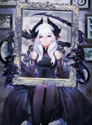 Rule 34 | 1girl, black dress, black horns, claws, detached sleeves, dress, feet out of frame, hair between eyes, highres, holding, horizontal pupils, horns, long hair, looking at viewer, m-cocoroco, monster girl, original, oversized forearms, oversized limbs, painting (object), pantyhose, parted lips, picture frame, pointy ears, purple eyes, purple pantyhose, purple theme, sitting, sleeveless, solo, tail, white hair