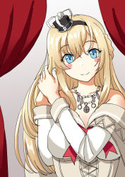 Rule 34 | 1girl, black hairband, blonde hair, blue eyes, braid, commentary request, crown, curtains, dress, french braid, grey background, hairband, jewelry, kantai collection, long hair, long sleeves, looking at viewer, mayura (lucadia), mini crown, necklace, off-shoulder dress, off shoulder, one-hour drawing challenge, red ribbon, ribbon, smile, solo, upper body, warspite (kancolle), white dress