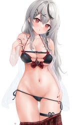 Rule 34 | 1girl, absurdres, bare shoulders, belt, bikini, bikini pull, black bikini, braid, breasts, cleavage, clothes pull, collarbone, cowboy shot, ear piercing, earrings, front-tie bikini top, front-tie top, gluteal fold, grey hair, groin, hair ornament, hairclip, halterneck, halterneck, hand up, head tilt, highres, hololive, jewelry, large breasts, long hair, long sleeves, looking at viewer, multicolored hair, nail polish, navel, off shoulder, open clothes, parted lips, piercing, plaid, plaid skirt, pleated skirt, pulled by self, red eyes, red nails, red skirt, sakamata chloe, see-through, see-through sleeves, shirt, side-tie bikini bottom, sidelocks, simple background, skindentation, skirt, skirt pull, solo, standing, stomach, strap gap, streaked hair, string bikini, swimsuit, thigh gap, thigh strap, thighs, uni ikura, virtual youtuber, wet, white background, x hair ornament
