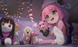 Rule 34 | 1girl, absurdres, anya (spy x family), blush, bond (spy x family), box, cardboard box, child, christmas, christmas lights, commentary request, cone hair bun, doll, full body, hair bun, hand puppet, hat, highres, indoors, jliaan, open mouth, pajamas, pink footwear, pink hair, pink headwear, pink pajamas, puppet, santa hat, shoes, single shoe, sitting, slippers, smile, socks, solo focus, spy x family, twilight (spy x family), white dog, white socks, yor briar